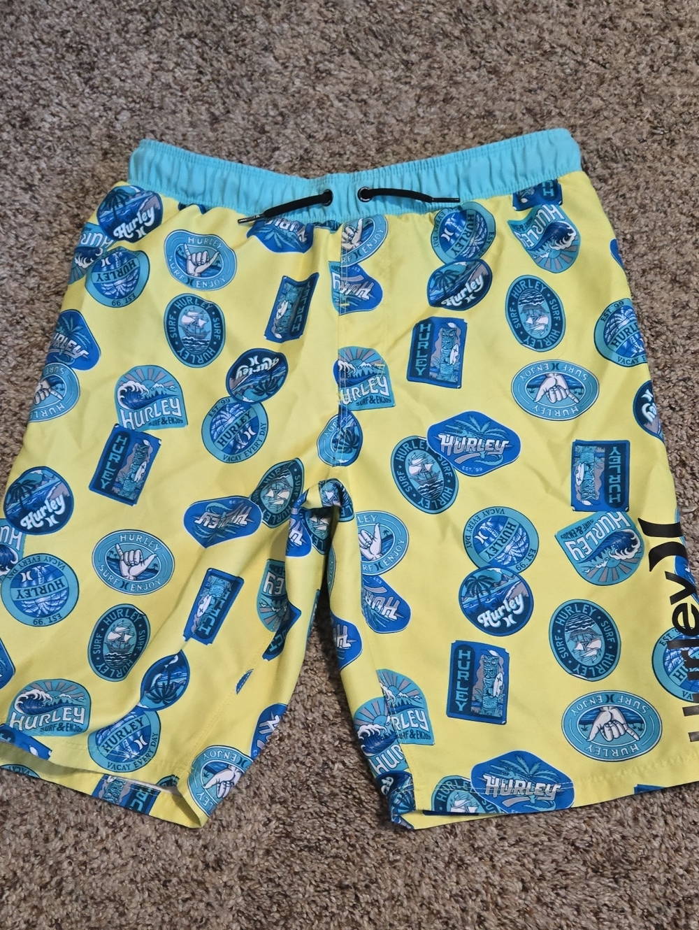 Hurley Yellow Swim Shorts with Aqua Waistband and Blue Logos